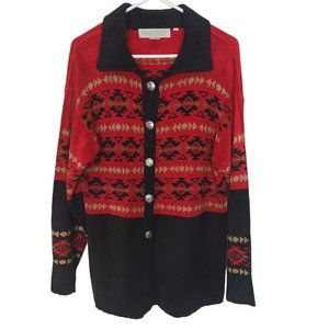 Nomadic Traders Womens L Red Black Southwestern Button Front Cardigan Sweater